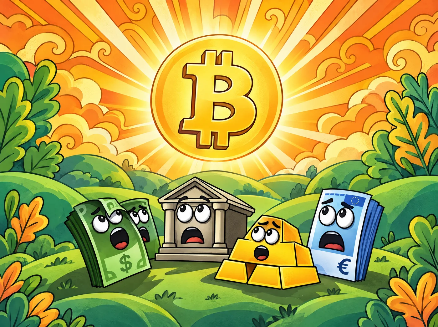 A startled bank, dollar notes, euro notes and gold bars look up at a bright Bitcoin sun over green hills.